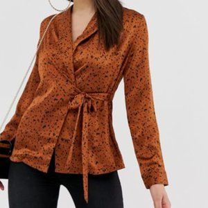 Satin wrap top in copper with dalmation print
